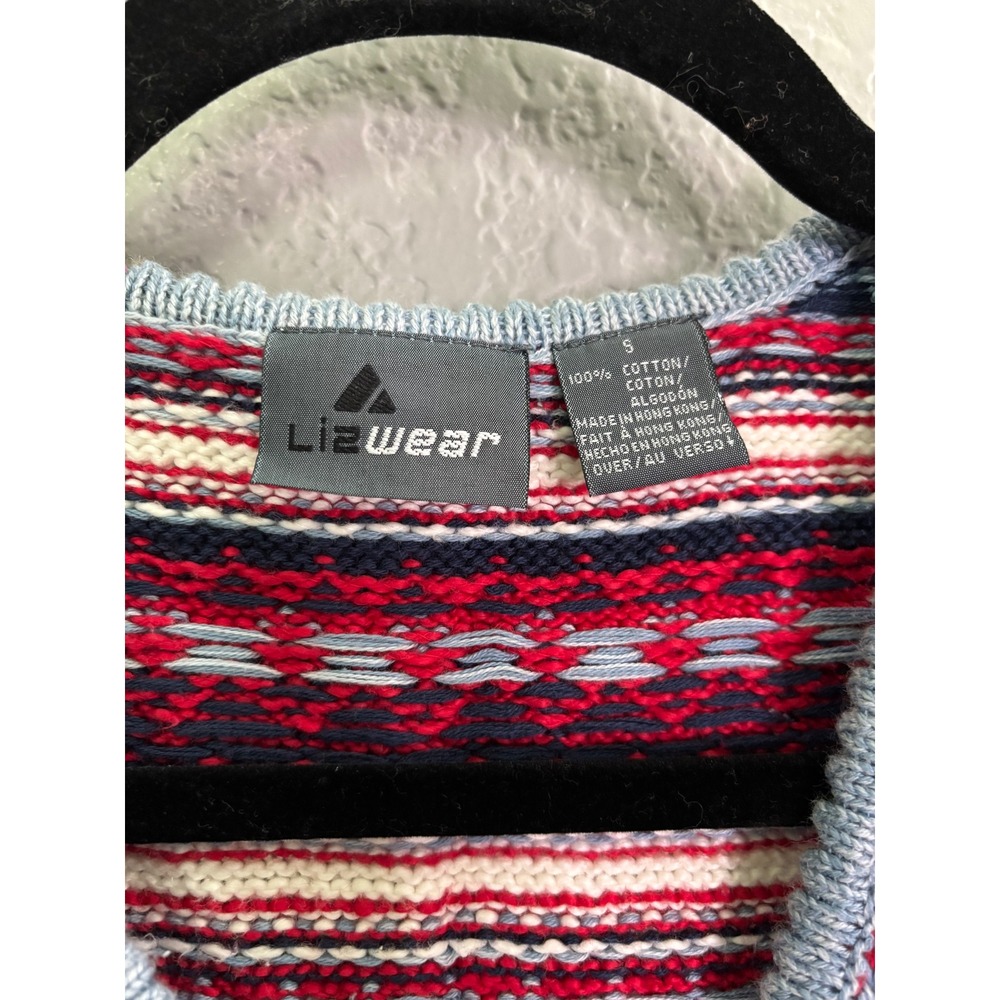 Lizwear Fair Isle Sweater Vest Size Small Red Blue Cotton Knit Button Front - Picture 3 of 4